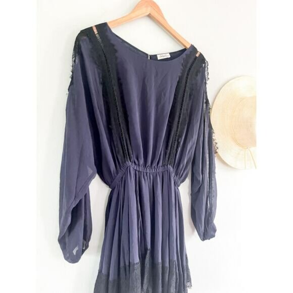 LoveShackFancy | Noelle Mini Dress | 100% Silk Lace Trim | Navy & Black | Sz S - Picture 3 of 13